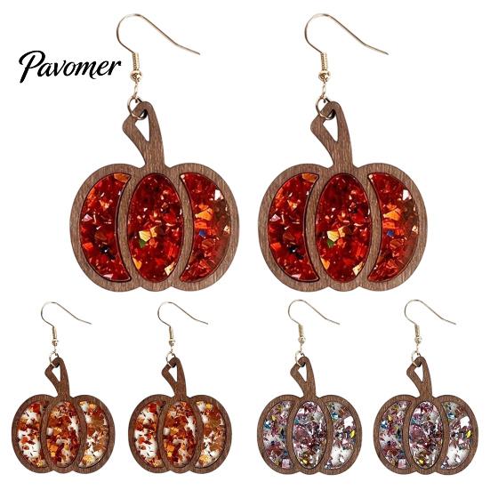 Gift for Her 1 Pair Fall Thanksgiving Pumpkin Earrings Women, Wooden Halloween Dangle Shaped Drop Earrings, Autumn Jewelry Lightweight Wood