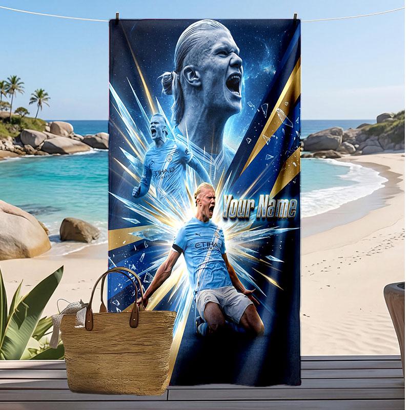 Erling Haaland Personalized Printed Beach Towel Soccer Logo Support Custom Name Text Absorbent Towel For Sport Travel Special Gift