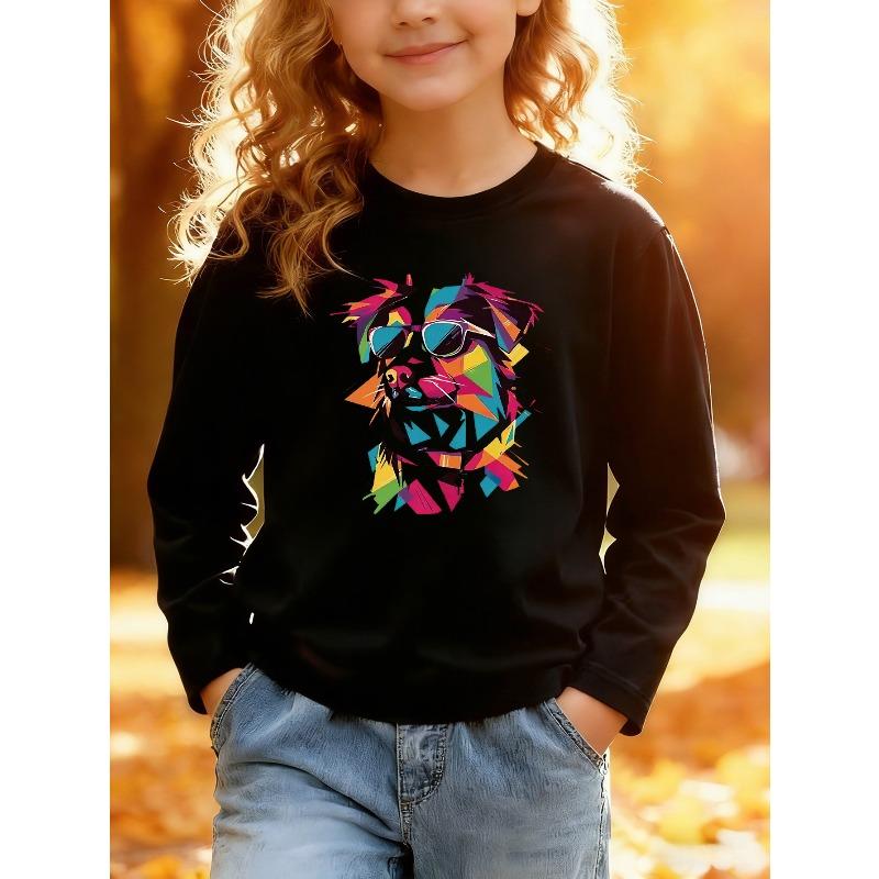 European sizes Kids' Cartoon Print Round Neck Top, Featuring a Cartoon Dog Design on a Long Sleeve T-Shirt. Perfect for Everyday Casual Wear