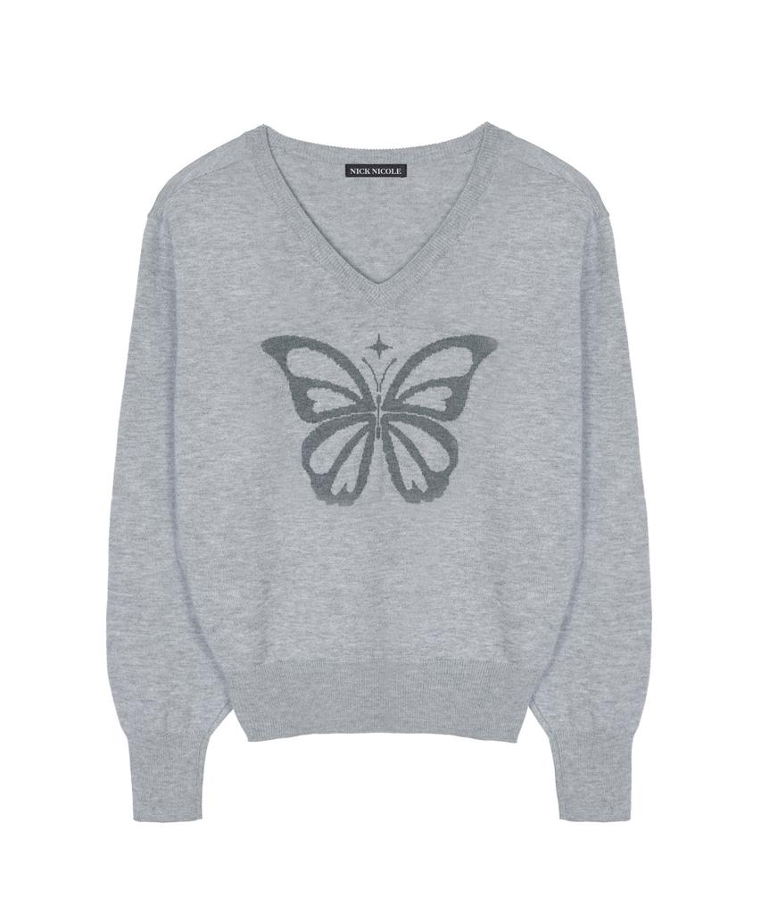Nigaennikol Butterfly V Neck Jacquard Knit_Gray