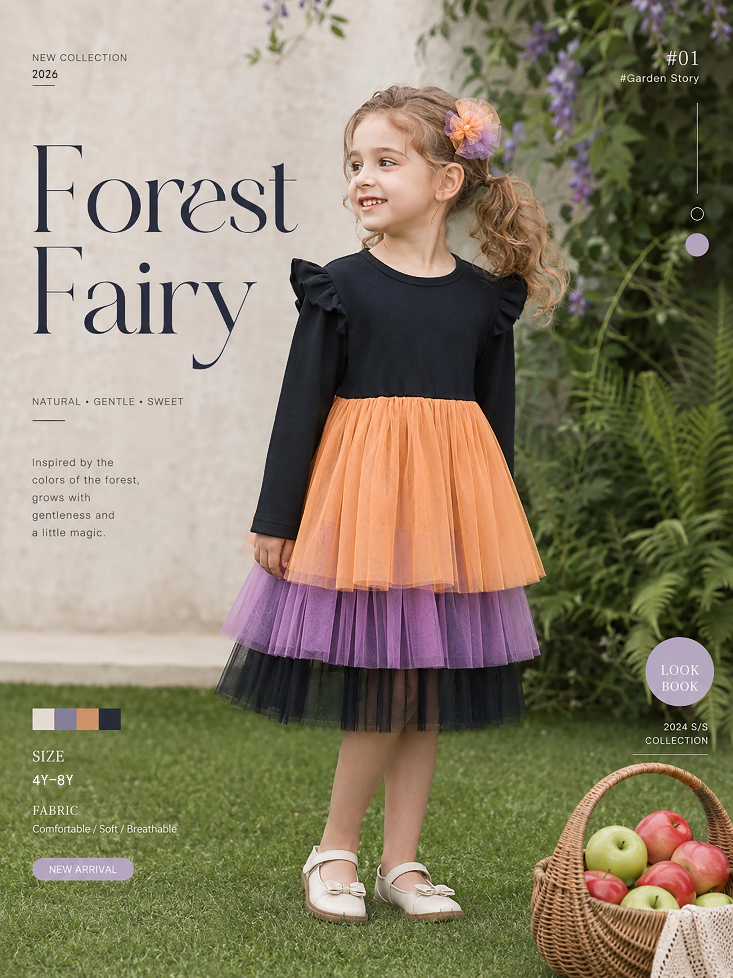 Girls Ruffle Sleeve 3-Layer Color Block Tulle Dress Gradient Cake Princess Dress 4Y
