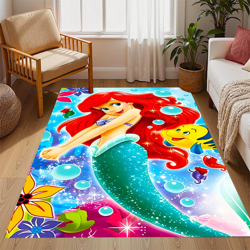 Underwater Mermaid Adventure Disney Cartoon Theme Anti-Slip Rug - Polyester, Home Decor, Suitable for Bedrooms, Living Rooms, Doorways, and Studios