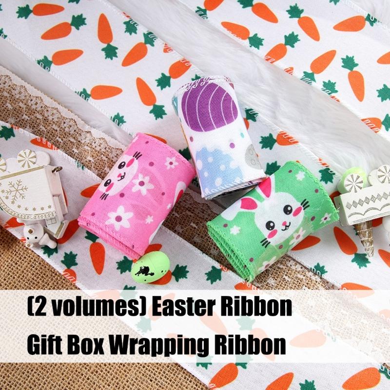 2 Pack Colorful Decorative Ribbons Easter Celebration Ribbon Polyester Texture for Easter Gift Wrapping and Home Decors