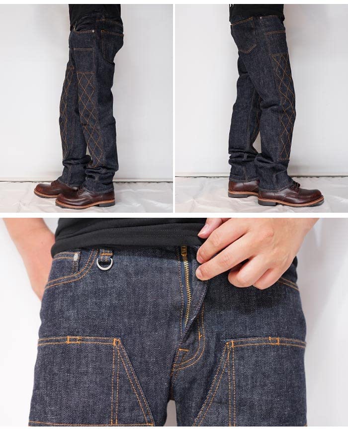 Kojima Jeans KOJIMA GENES 13oz Diamond Stitch Double Knee Straight Stretch Jeans Denim Made in One Pants, Japan, Men's, Wash, RNB-107, Indigo-38