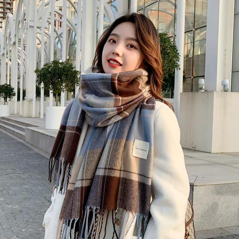 Checkered Printed Thick Women'S Shawl Paired With Tassel Shawl Casual Scarf