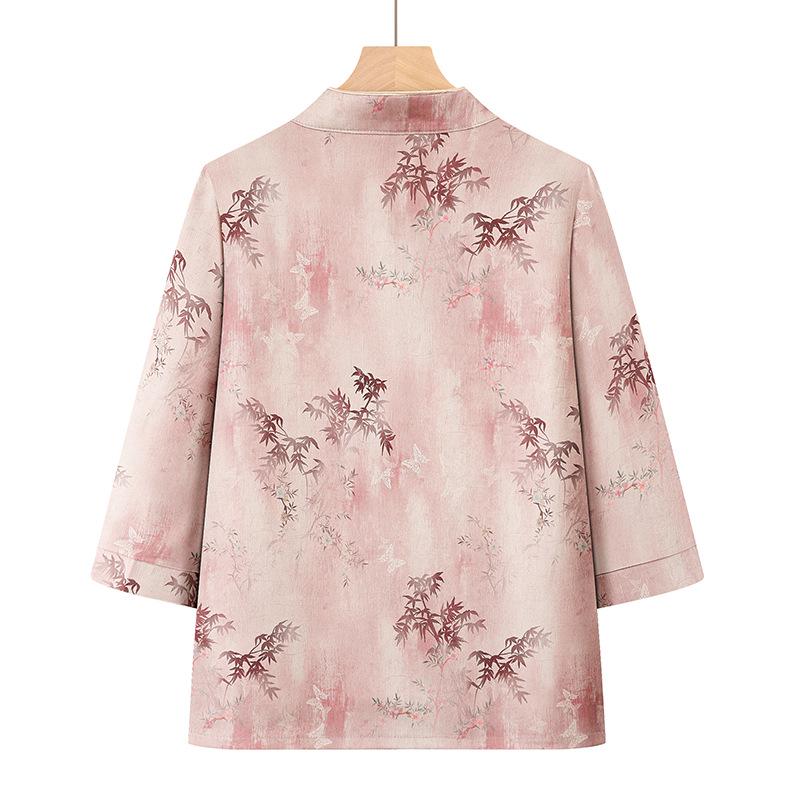 2026 Summer Women's Stand-up Collar Seven-Sleeve Chinese Style Top for Middle-Aged & Elderly