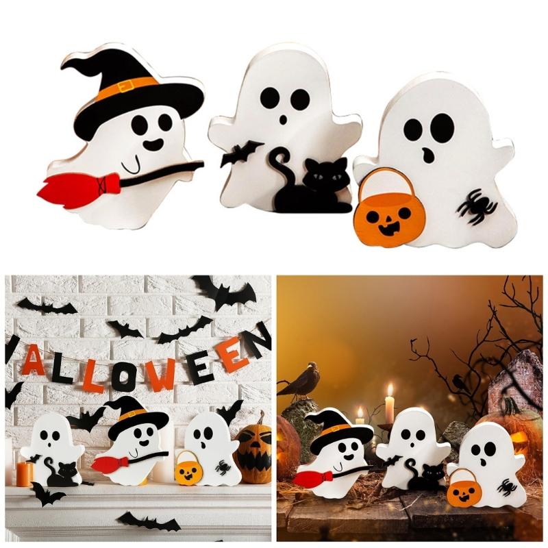 Set Of 3 Halloween Wood Specters Figures Ornament Table Signs for Tiered Tray and Shelf Decoration Desktop Adorment