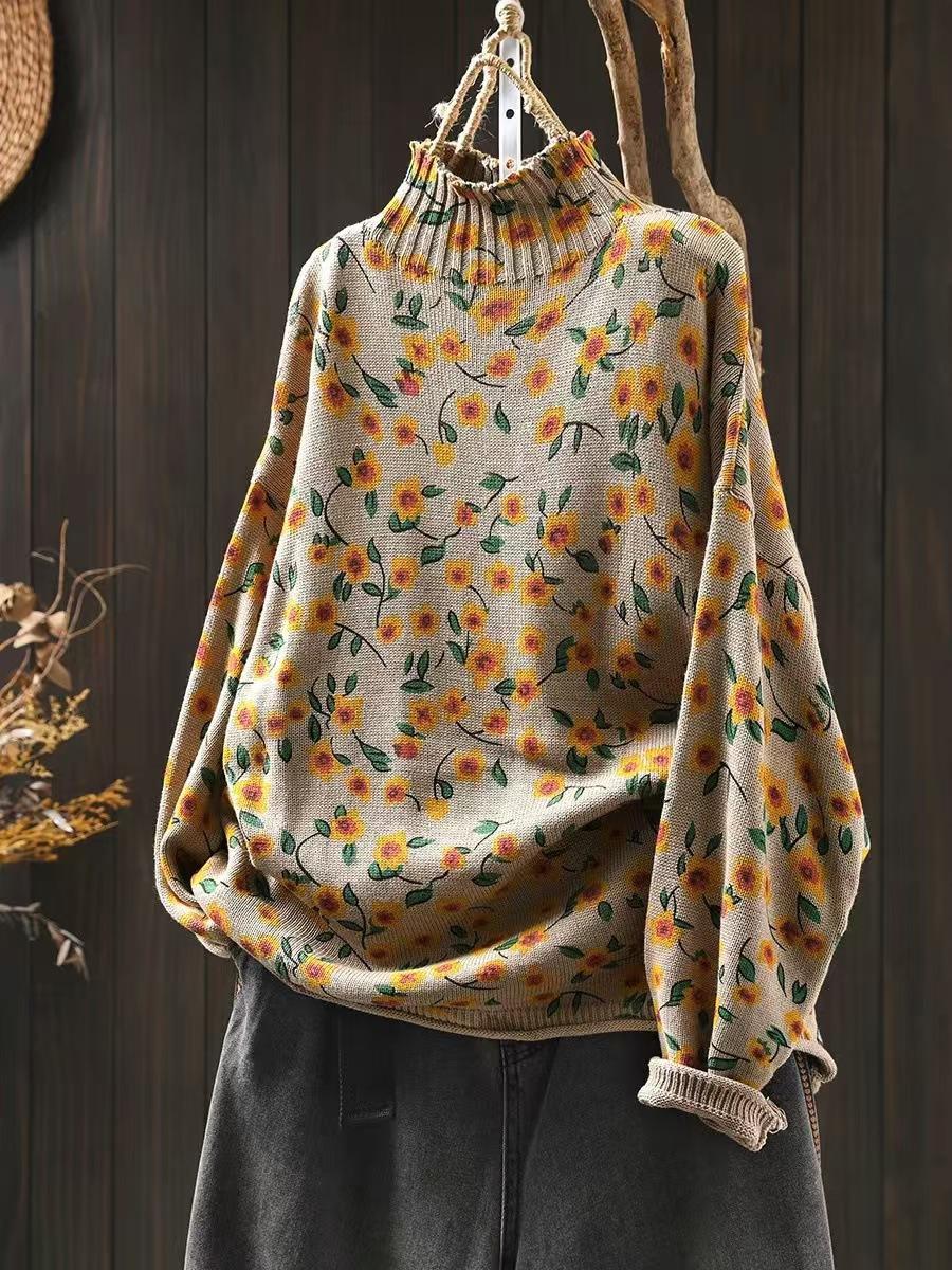 

Johnature Женский зимний принт Свободный ленивый свитер с длинными рукавами в китайском стиле Повседневный свитер с воротником-стойкой One Size