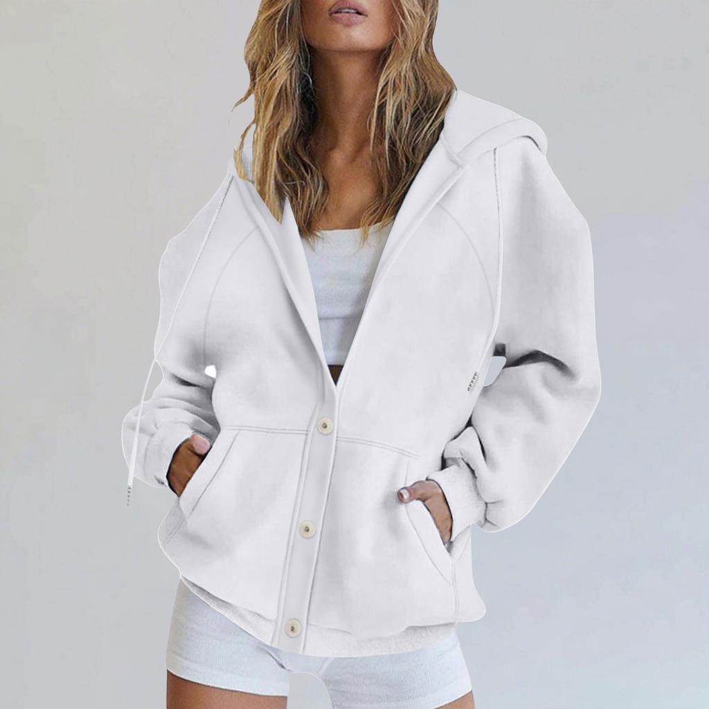 Women's Fashionable Loose Casual Cardigan Button Drawstring Hooded Sweatshirt