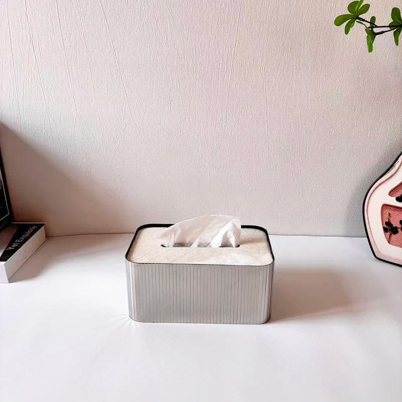 Modern Luxury Stainless Steel & Horsehair Tissue Box - Elegant Pull-Type Design for Living Room or Coffee Table Decor.
