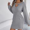 Autumn Winter Women's V-neck Sweater Dress Solid Color Hollow-out Lantern Sleeves Knitted Bodycon Dress