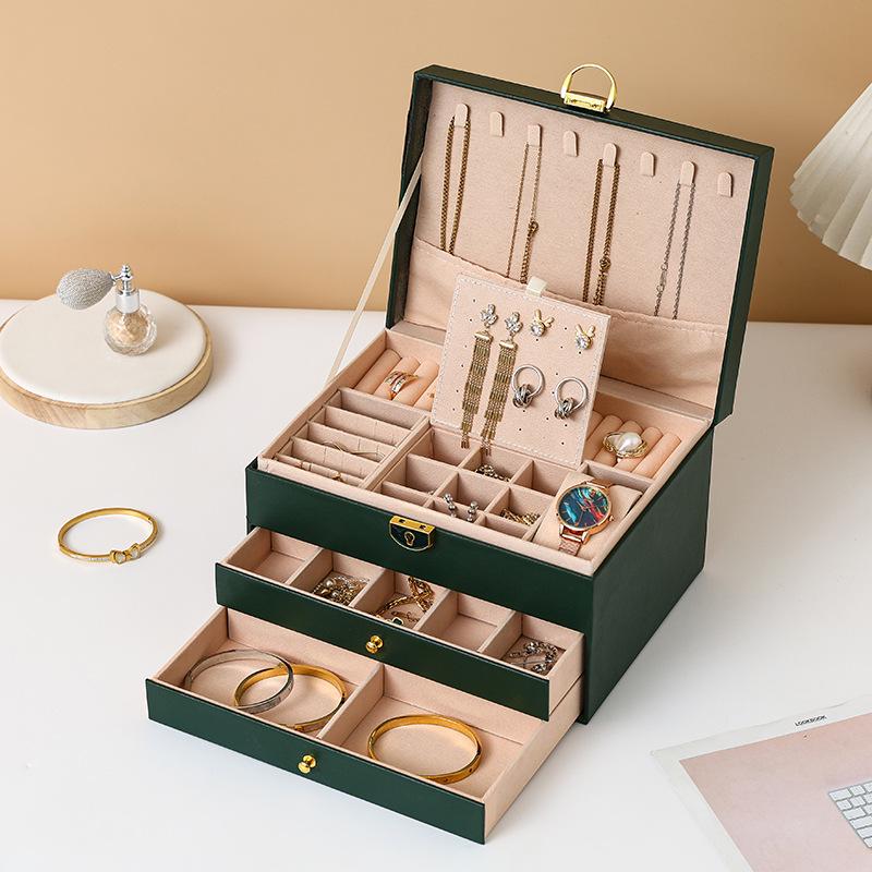 

Премиальный трехслойный органайзер для украшений с выдвижными ящиками для ожерелий, серег, аксессуаров и золота - Хранение большой вместимости