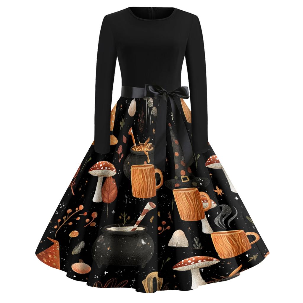 Women Vintage Halloween Print Long Sleeve Crew Neck Dress with Belt Retro Casual Fit and Flare Midi Dress for Holiday Party