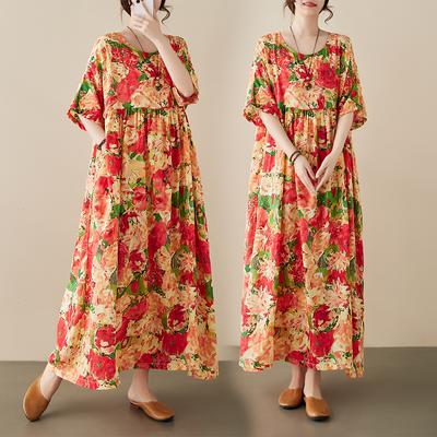 DIMANAF 2024 Plus Size Summer New Long Dress Beach Women O-Neck Floral Print Holiday Fashion Casual Loose Lady Dresses 663