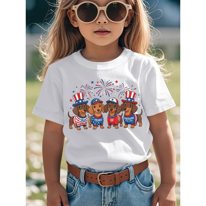 Girls Crewneck Dog Print Short Sleeve Tee 110 белый