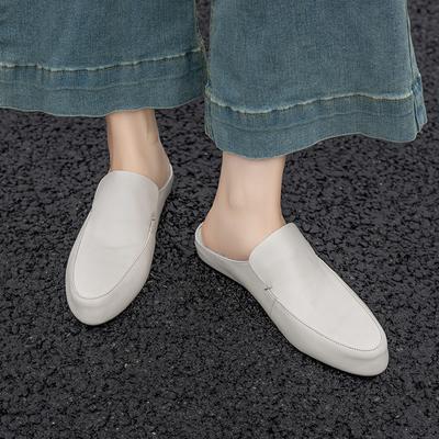 Moda Chinelos de Bico Redondo Cobertos com Couro de Vaca Salto Anabela Lazer Mules de Couro Macio Feminino Qualidade Marca Chinelo Clássico