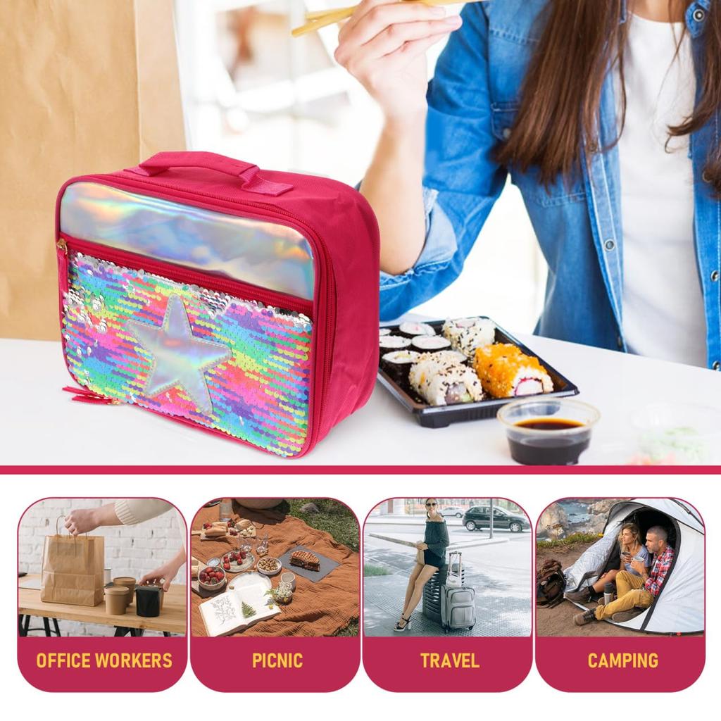 Garneck Portable Lunch Bag, Thermal Insulated Lunch Tote Bag, Sequined Lunch Storage Pouch, 25x19x7cm, Lightweight, Multifunctional, Lunch Bag
