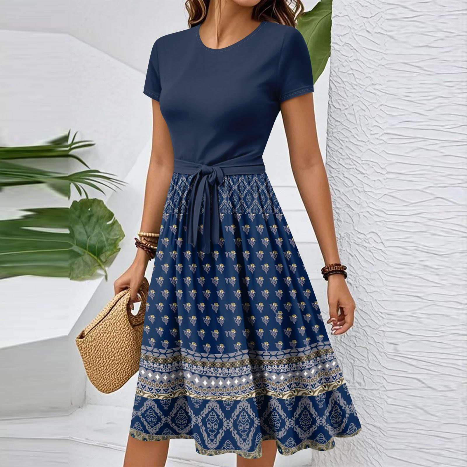 

Женское повседневное модное элегантное платье с поясом и винтажным принтом с коротким рукавом и круглым вырезом M