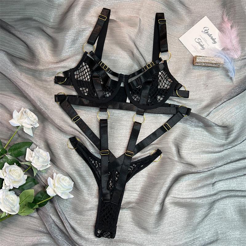 Fishnet Hollowed Sexy Lingerie Perspective Nightclub Costume Splicing Jumpsuit Black Underwear Bra Thong Set GZW
