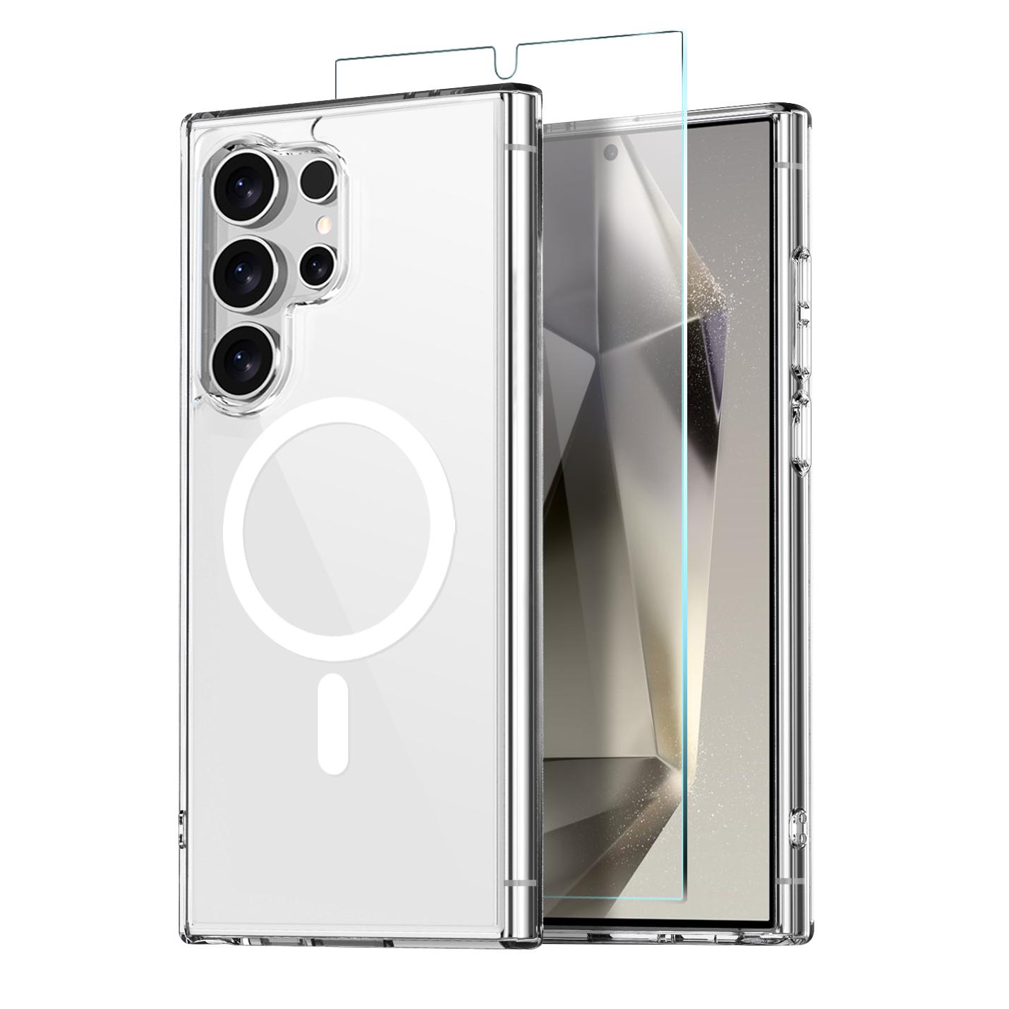 

NORTHJO For Samsung Galaxy S24 Ultra Magnetic Case PC+TPU Phone Cover Set with Tempered Glass Film (Support Fingerprint Unlock) Transparent