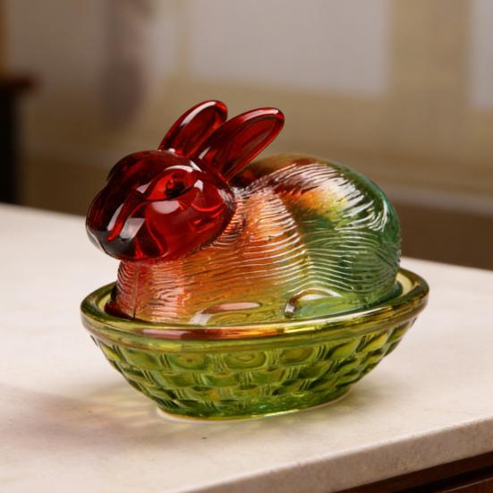 Glass Bunny on Nest Candy Dish with Lid Gradient Color Faux Crystal Candy Bowl for Snacks Desserts Cookies Easter Tabletop Decoration