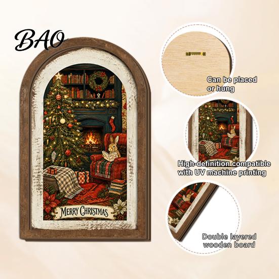 Hanging Xmas Ornaments Rustic Christmas Wooden Decoration, Vintage Arched Window Frame Wall Decor Decor, Winter Holiday Party Table Sign