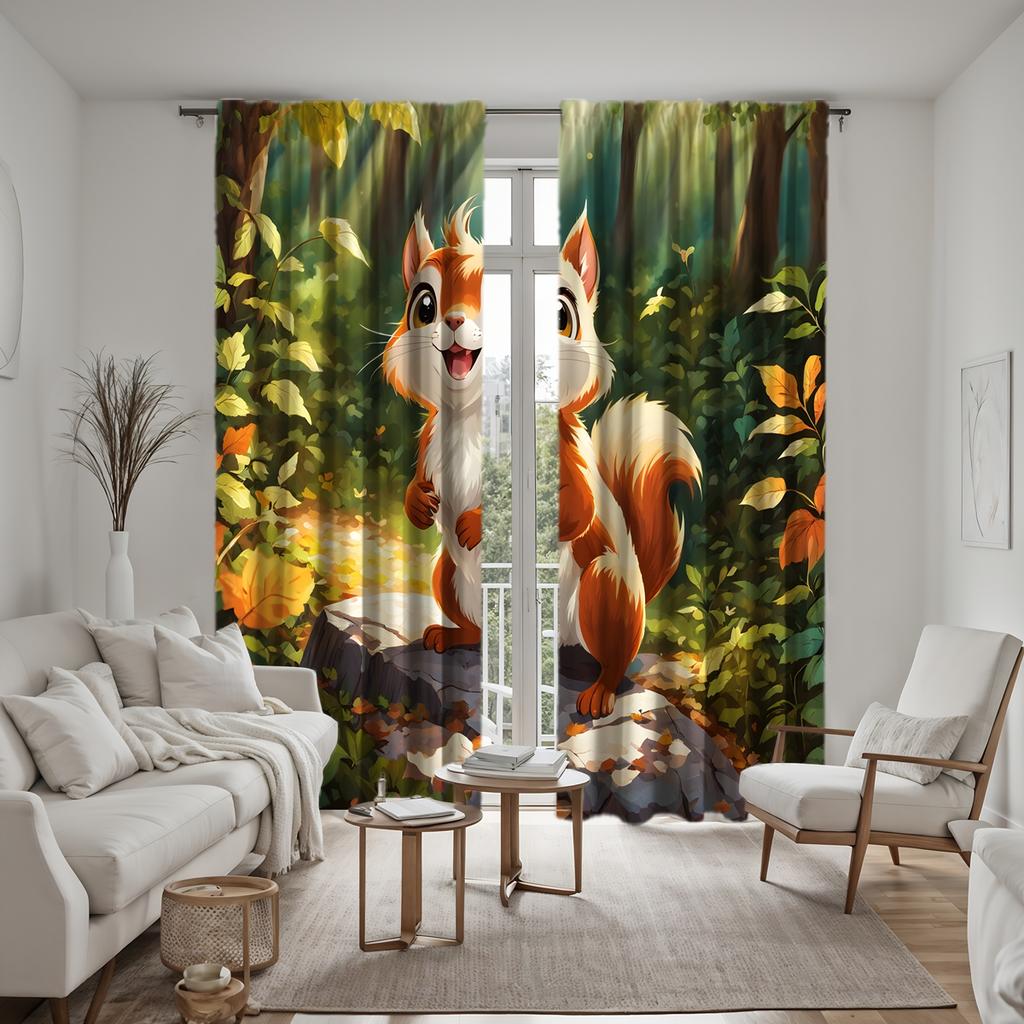 2 pieces of HD Squirrel curtain in the forest Green tie digital printed curtain Home decoration style decoration living room bed