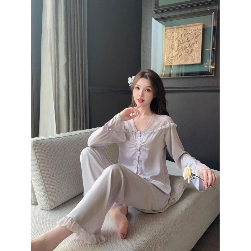 2025 Satin French Pajamas: Women's Ice Silk Long Sleeve & Pants Sweet Style Homewear Set