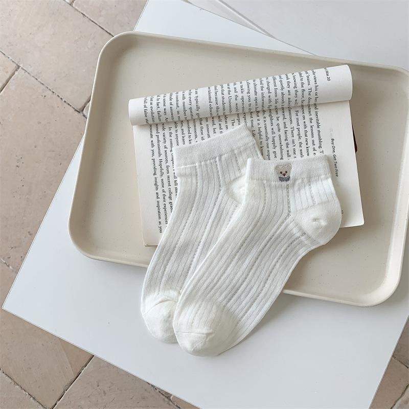 Cute Little Bear Embroidered White Sock Summer Lightweight Short Socks for Children, Breathable Mesh Summer Boat Socks