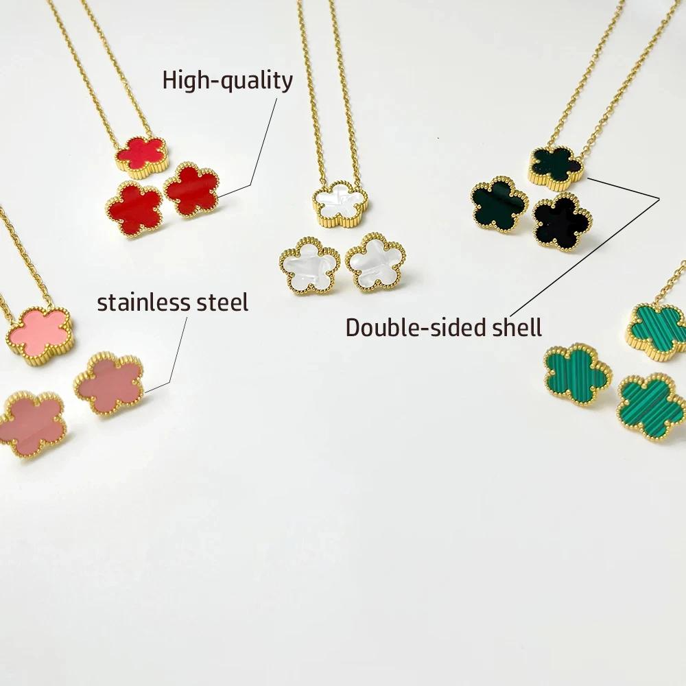 ALTERA 2Pcs Luxury 5 Leaf Flower Pendant Necklace Earrings for Women Gift Fashion Stainless Steel Double Side Clover Zircon Set