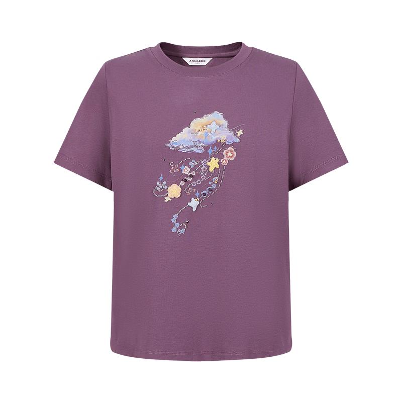 JUZI An'nakou Women's Casual Beaded Meteor Cloud Print Round Neck T-shirt