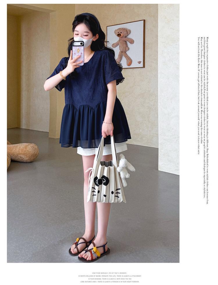 Maternity Summer 2026 Korean Style Embroidered Chiffon Doll Shirt and Belly Support Shorts Set