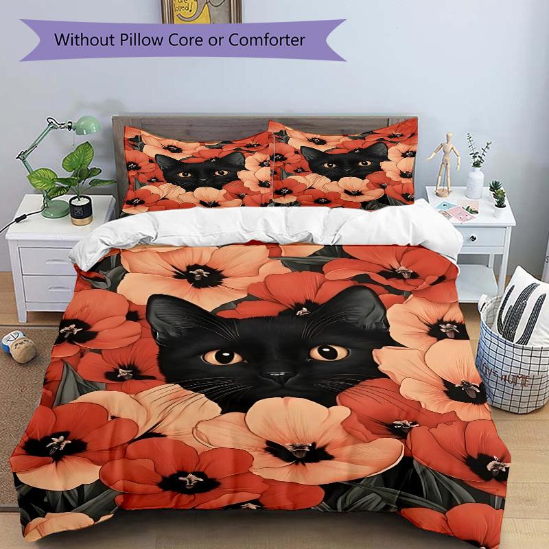 3pcs Black Cat Print Duvet Cover Set - Machine Washable, Includes 1 Cover and 2 Pillowcases, No Core Included Yy251013081