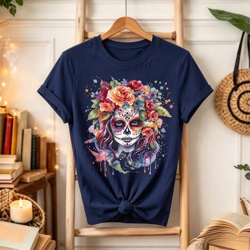 Day Of The Dead Sugar Skull Floral Graphic Tshirt Unisex Unisex Watercolor Rose Print Casual Aesthetic Short Sleeve Tee Y2k Top