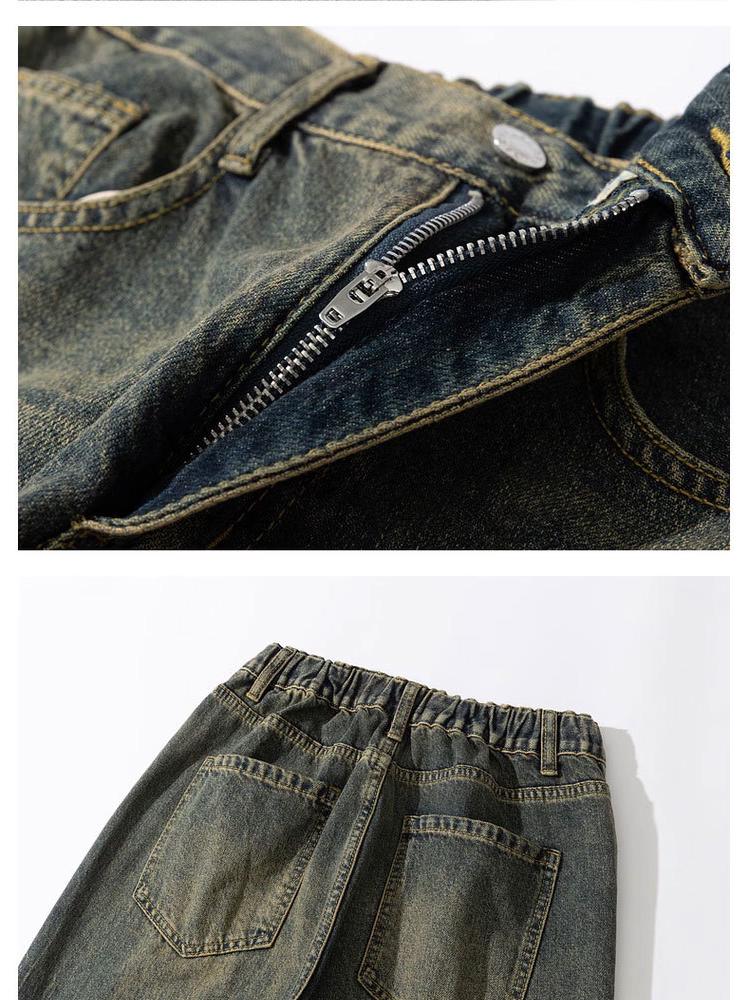 Męskie jeansy retro o luźnym kroju z prostą nogawką - japoński trend prania w żółtym błocie