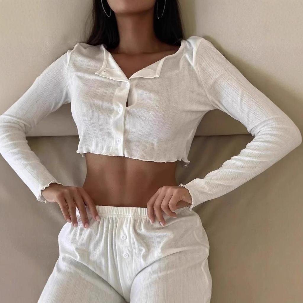 2025 Europejski i Amerykański Dzianinowy Zestaw Długi Rękaw i Spodnie z Mieszanki Bawełny na Jesień/Zimę