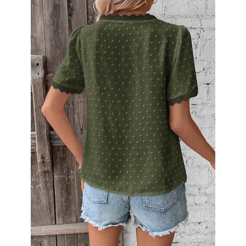 Women's Shirt Summer Casual Vacation Lace V-neck White Short Sleeve Loose Shirts for Women Elegant Tops Slim Fit Solid Color Women's Blouse New