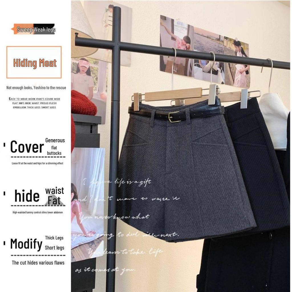 Korean Style Plus Size A-Line Woolen Shorts - Women's Spring/Autumn High Waist Loose Fit Wide Leg Pants