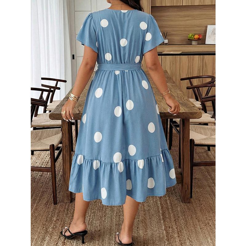Big Size Dress with Polka Dots, V-neck, Ruffled Hem, Fitted Waist, and Drawstring Skirt of Medium Length