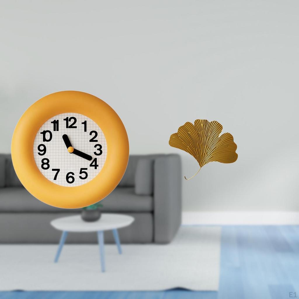 Silent Contemporary Analog Wall Clock with Wrought Iron Ginkgo Leaves Decor for Kitchen Dining Room