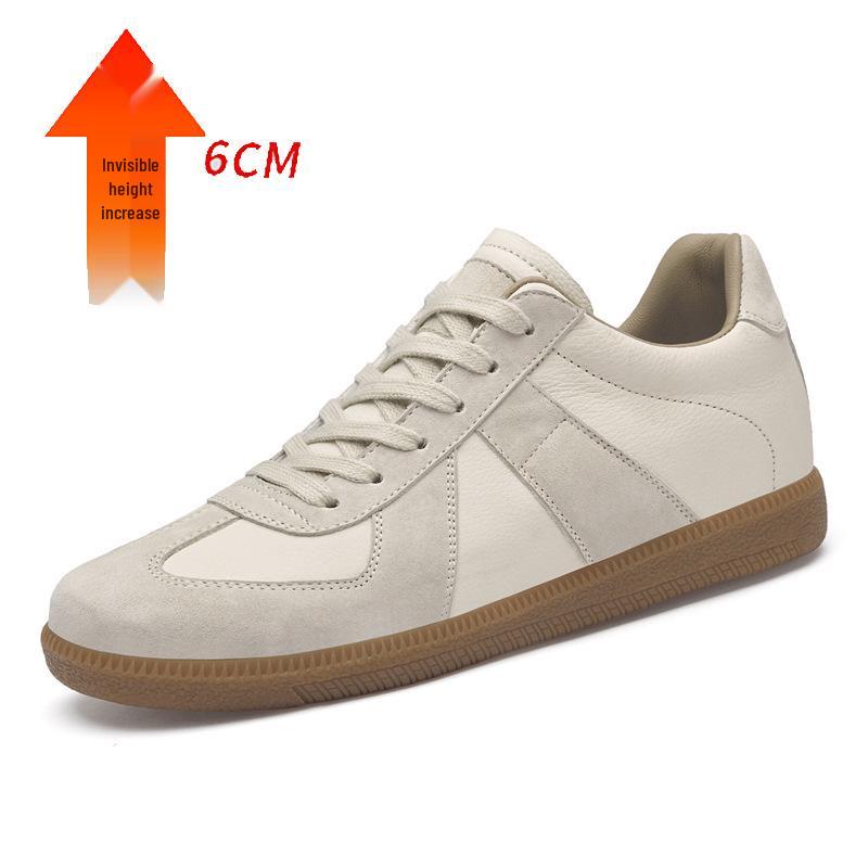Men's German Cowhide Training Shoes: 8CM Height Boost, Lightweight, Comfortable, Casual Lace-Up with Soft Rubber Sole.