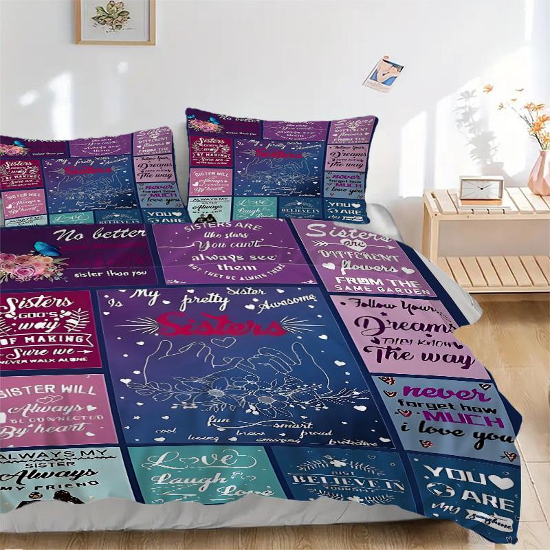 

3PCs Sister Quotes Design Cover Set, Breathable Fabric, Machine Washable (1 Duvet Cover + 2 Pillowcases) (Without Quilt) yy250911179 135x200cm