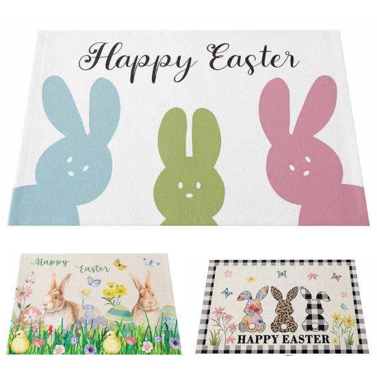 6Pcs Non-slip Heat-resistant Rectangle Table Household Placemat Pattern Easter Rabbit Linen Mat Kitchen Supplies