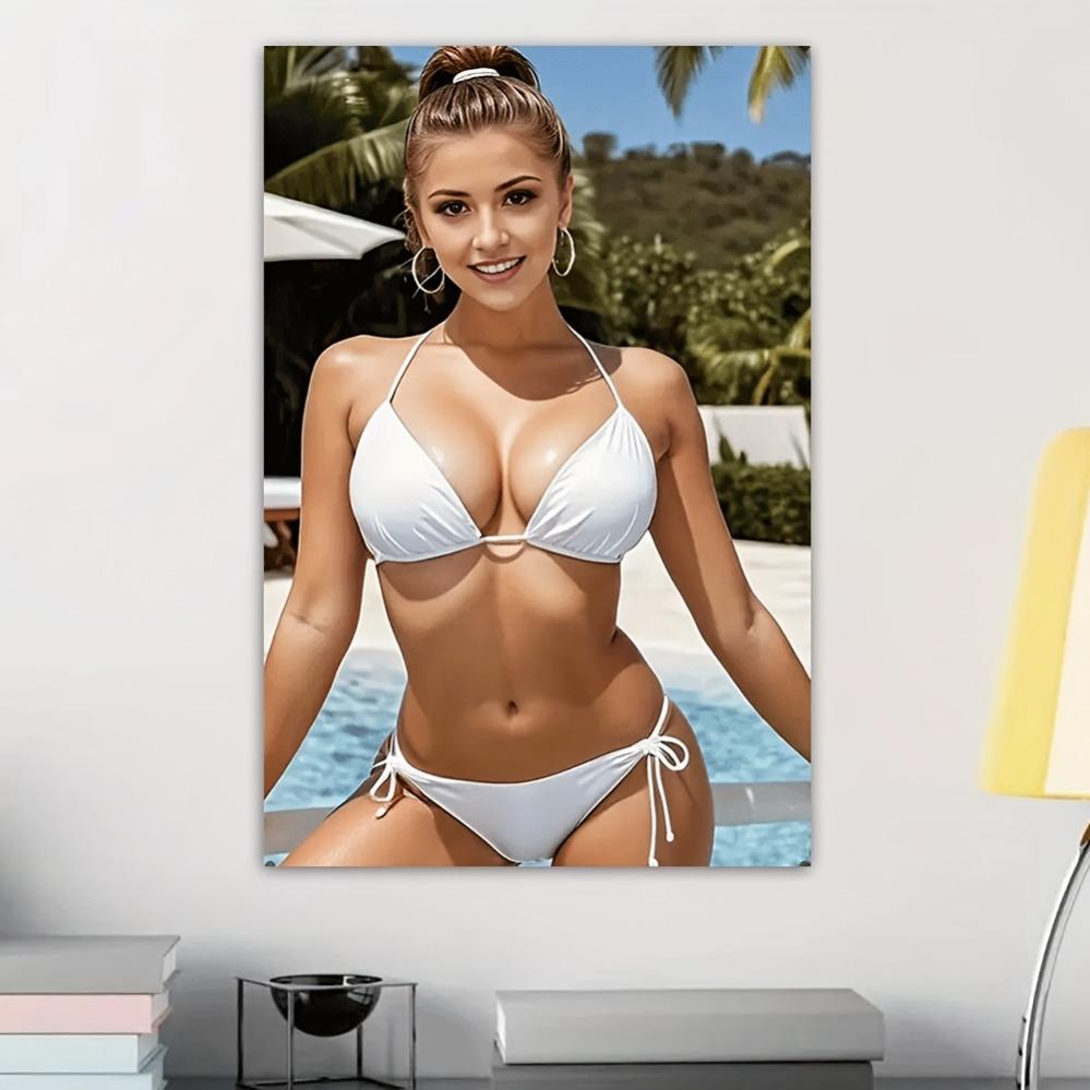 Vibrant Girl Art Print - Sexy Bikini Woman By Pool Aluminum Plate Home Office Decor Birthday Valentine's Day Gift