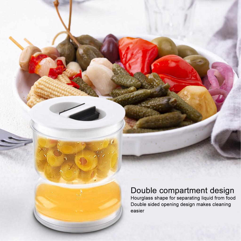 Pickle Jar with Strainer Flip Separate Wet Dry Double Compartment Transparent Hourglass Pickle Jar for Fruits Vegetables