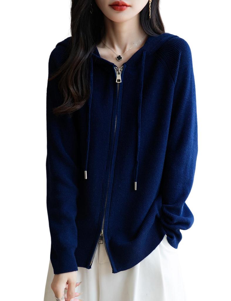 Yuanbao Stitch Women's Korean Style Wool Zippered Hoodie - Casual Versatile Solid Color Knitwear