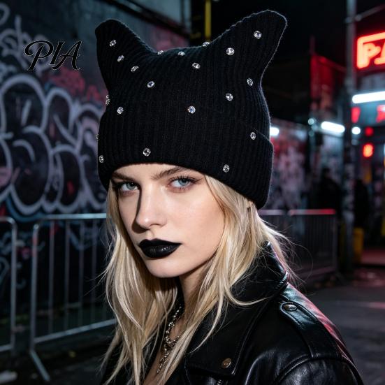 Warm Winter Gift for Her Cat Ear Hat Women Girls, Striped Slouchy Crochet Headgear Cute Animal Cap with Shiny Rhinestones, Knitted Playful Accessory