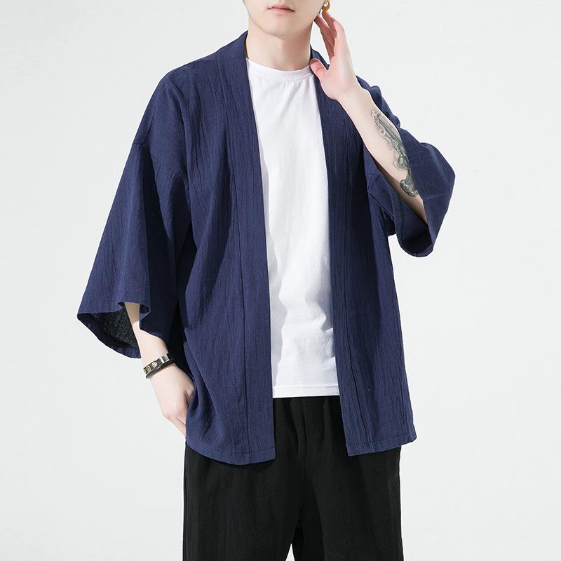 2023 Summer Men's Loose Solid Color Seven-Sleeve Cardigan - Casual Chinese Style, Plus Size