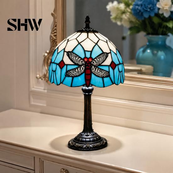 Vintage Dragonfly Bedside Lamp Tiffany Stained Glass Table Lamp, Blue Night Light, Artistic Home Decor Light Decorative Atmosphere for Bedroom Living