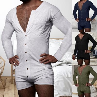 M Wardrobe Men Long Sleeve Solid Color Romper Single-breasted Jumpsuit Sleepwear Nightwear